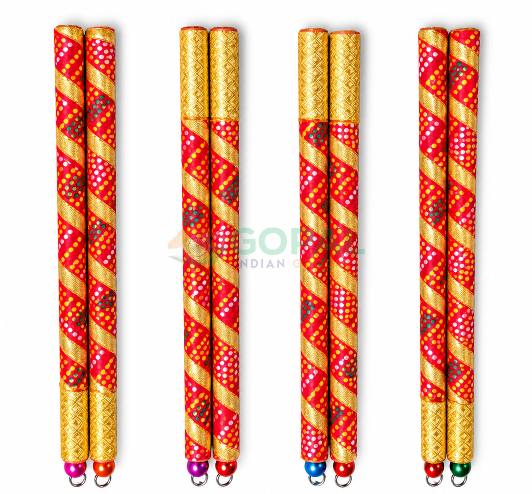 Bandhani Print Printed Dandiya Sticks with Bells Small Size-9 inch (Pair) - Navratri Special