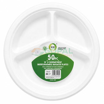 DID 10’’ 3 Compartment Biodegradable Bagasse Plates 50 Pcs - Disposables