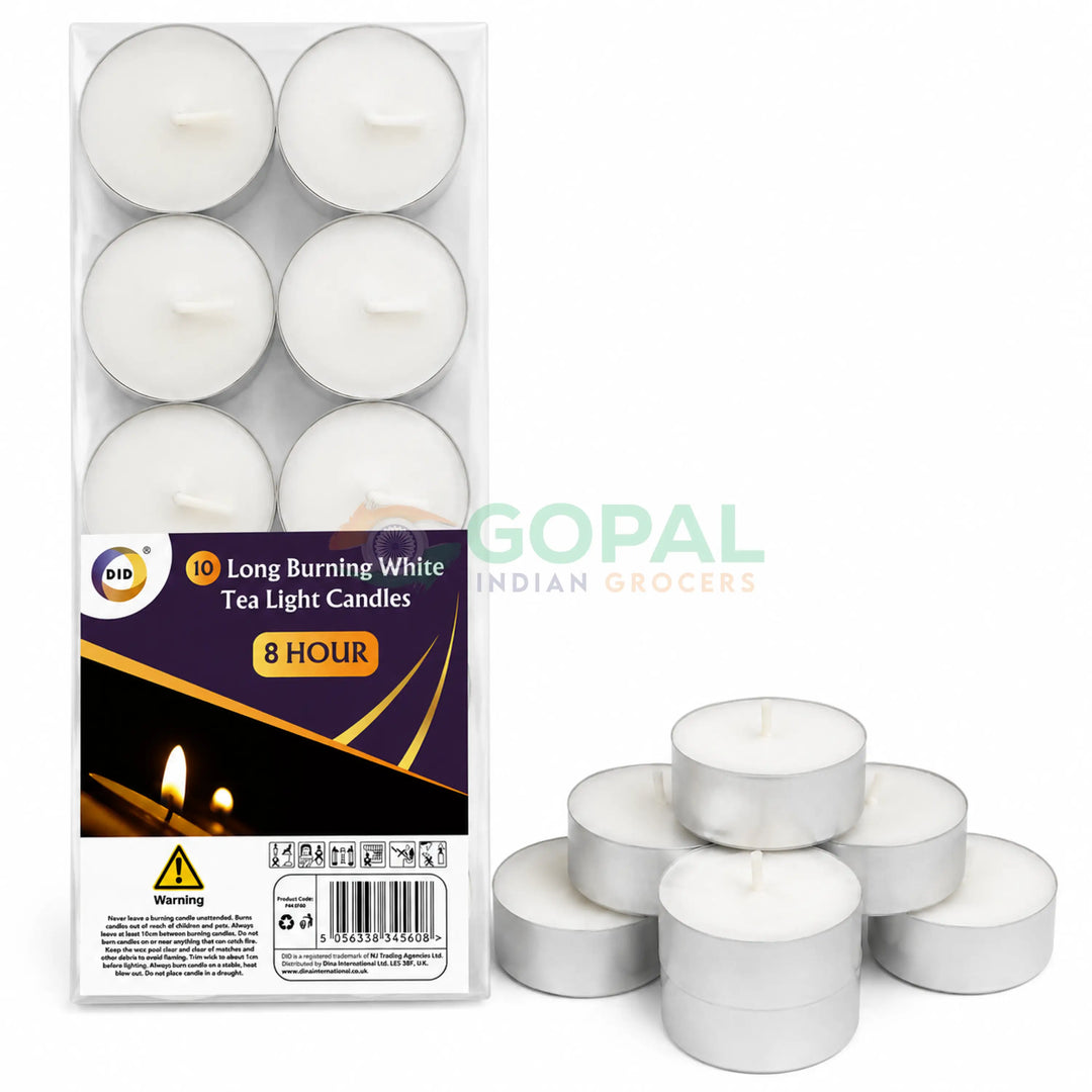 DID 10 Long Burning White Tea Light Candles (8 Hour) - Diya Wicks / Candles
