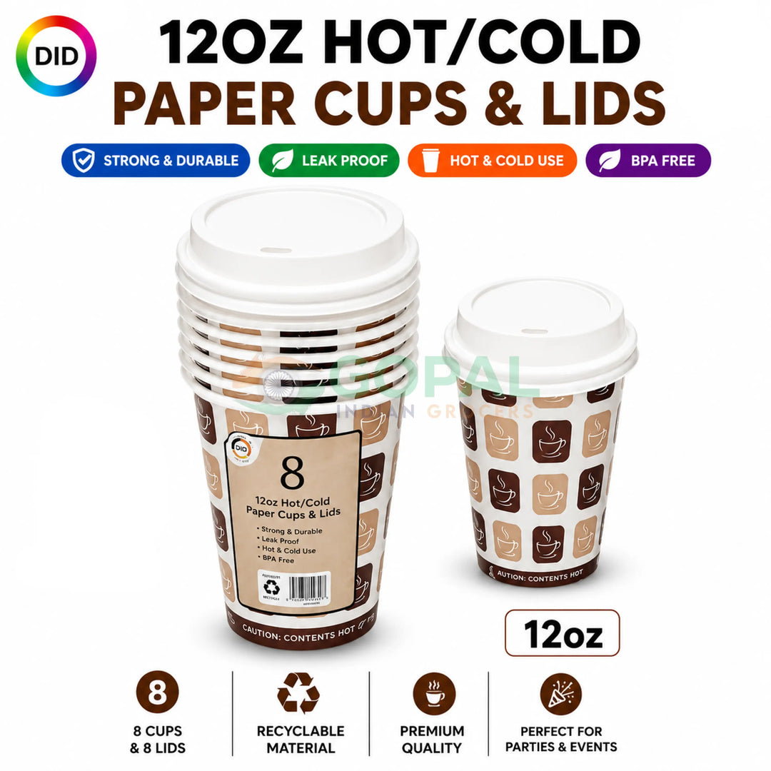 DID 12oz Hot/Cold Paper Cups & Lids 8Pcs - Disposables