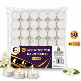 DID 50 Long Burning White Tea Light Candles (8 Hour) - Diya Wicks / Candles