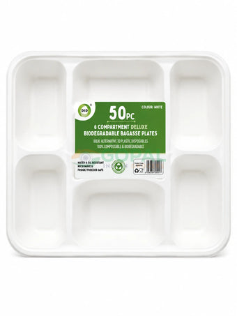 DID 6 Compartment Deluxe Biodegradable Bagasse Plates 50 PC - Disposables