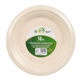 DID 7’’ Biodegradable Bagasse Round Plates 18 Pcs - Disposables