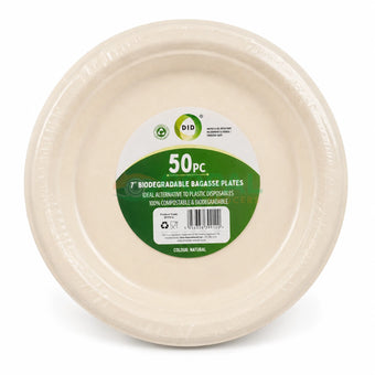 DID 7’’ Biodegradable Bagasse Round Plates 50 PC - Disposables