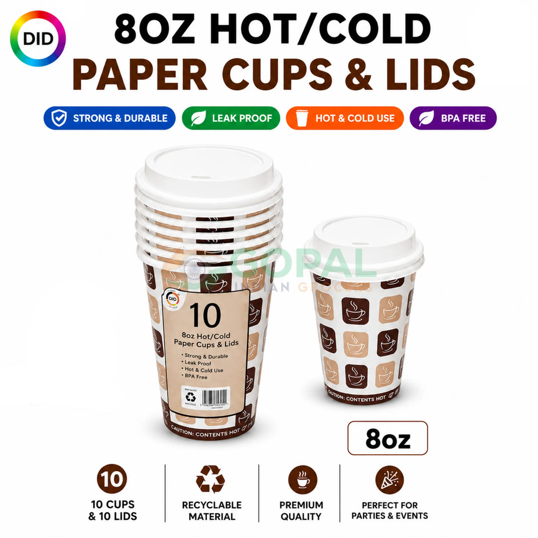 DID 8oz Hot/Cold Paper Cups & Lids 10Pcs - Disposables