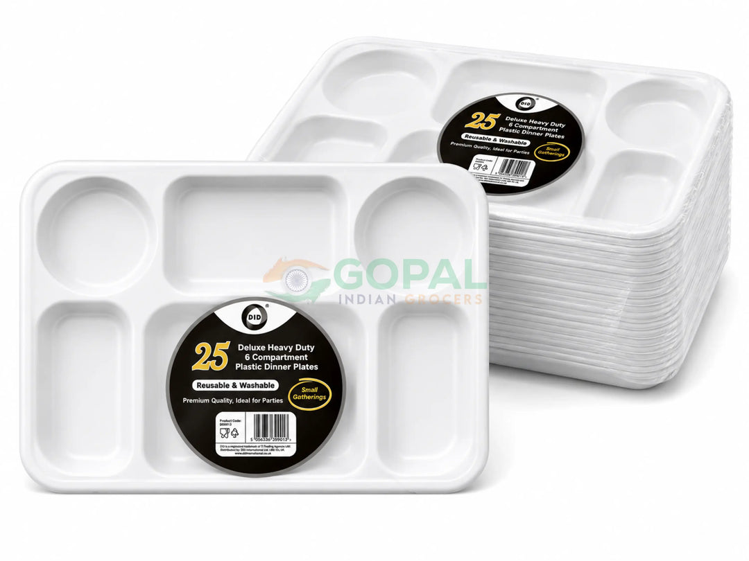 DID Deluxe Heavy Duty 6 Compartment Plastic Dinner Plates 25 PCS - Disposables