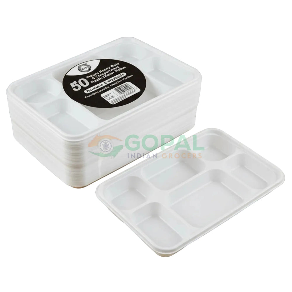 DID Deluxe Heavy Duty 6 Compartment Plastic Dinner Plates 50 PCS - Disposables