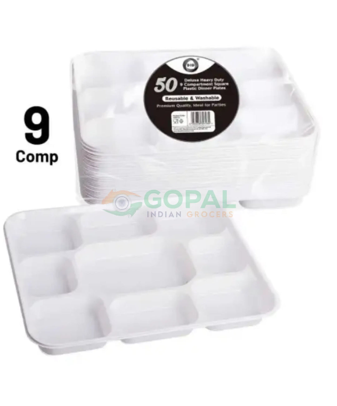 DID Deluxe Heavy Duty 9 Compartment Plastic Dinner Plates 50 PCS - Disposables