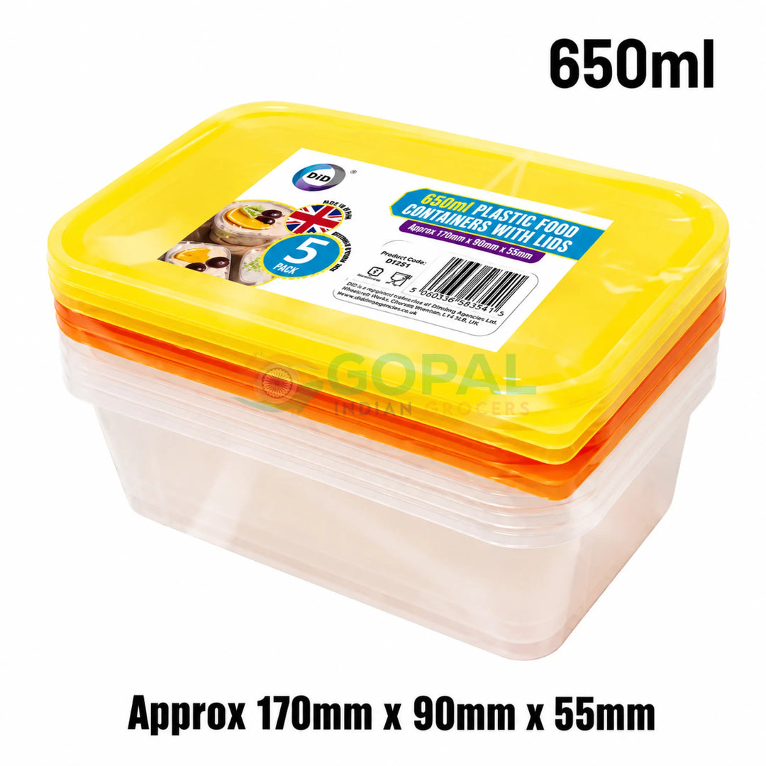 DID Plastic Food Containers with Lids 5 Pack 650ml - Disposables
