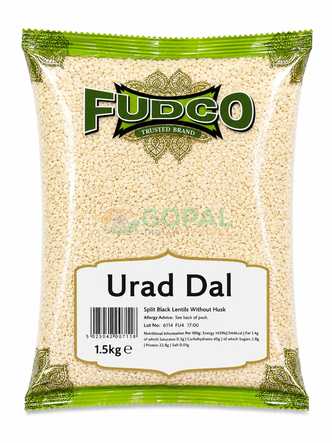 Fudco Urad Dal Washed 1.5kg - Lentils (Split Dal)