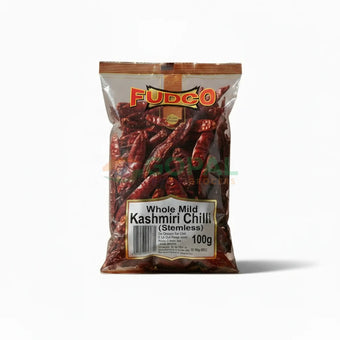 Fudco Whole Mild Kashmiri Chilli (Stemless) 100g - Whole Spices