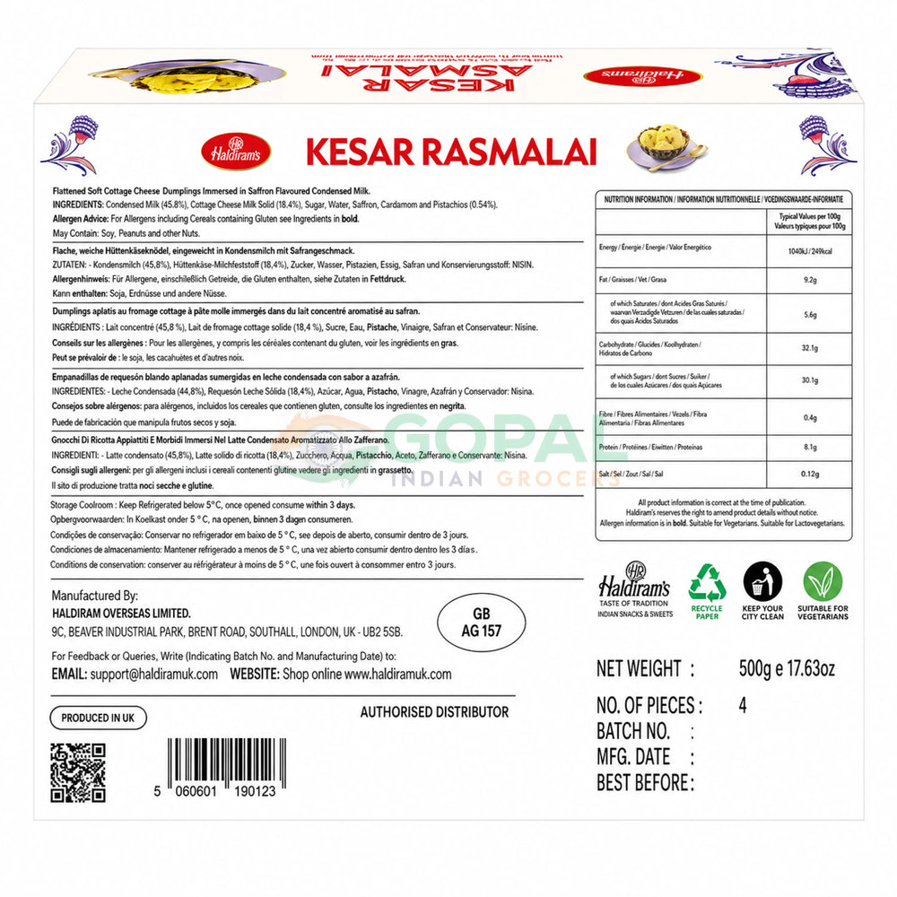 Haldiram Kesar Rasmalai 500g - Sweets (Mithai)