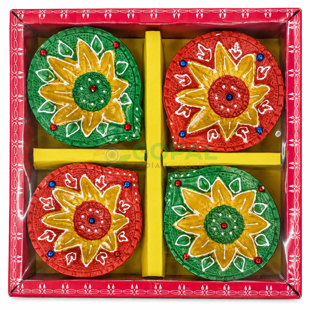 Handcrafted Designer Floral Starburst Terracotta Diya Set (Pack of 4) - Diwali