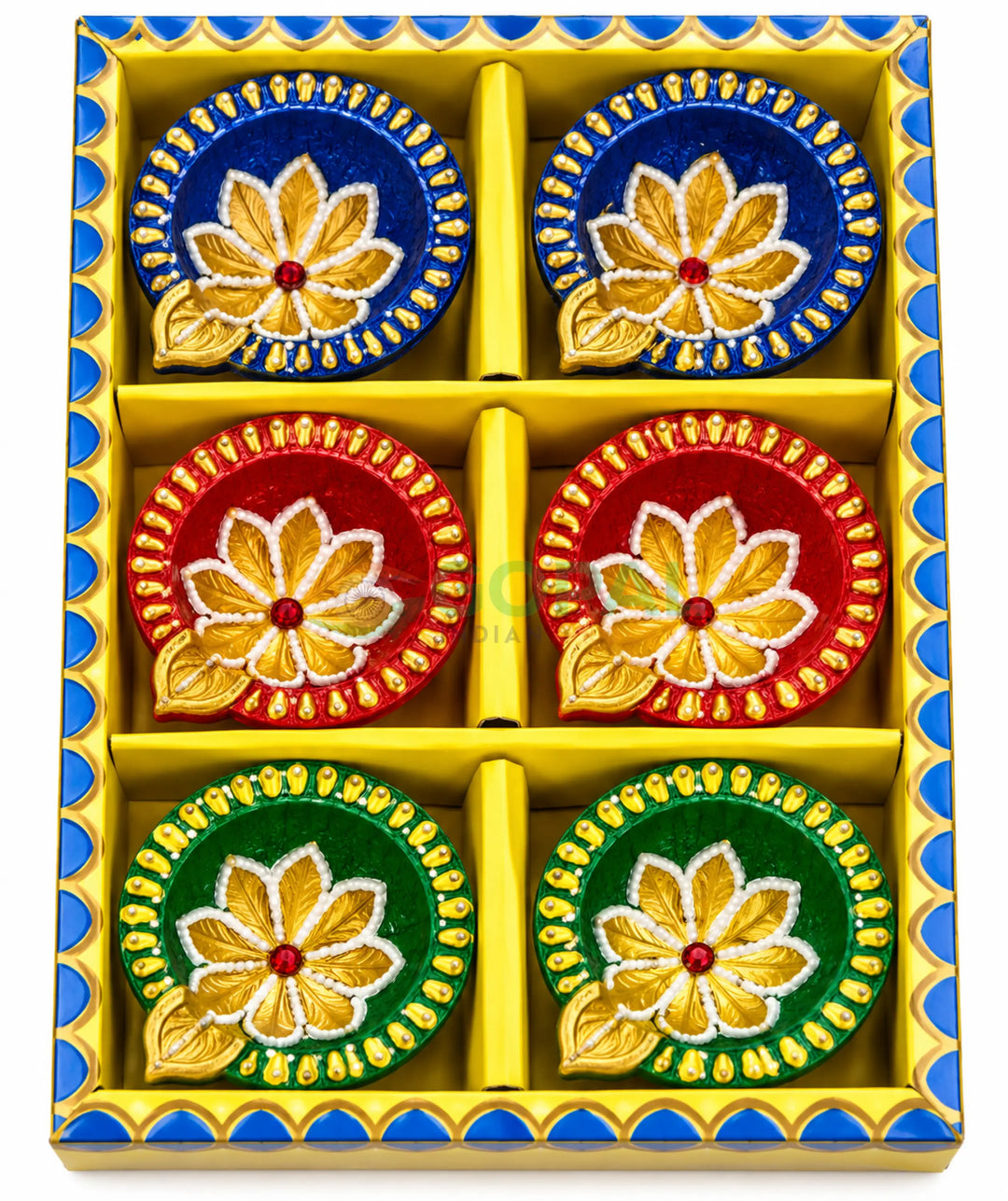 Handcrafted Floral Leaf Terracotta Diya Set (Set of 6) - Diwali