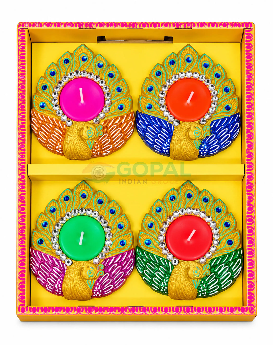 Handcrafted Front-Facing Royal Peacock Wax Diya Set (Pack of 4) - Diwali