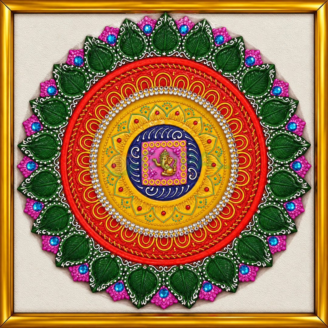 Handcrafted Grand Lotus Mandala 21-Diya Centerpiece Plate - 1 (Single Piece) - Emerald Green & Crimson Ganesha - Diwali