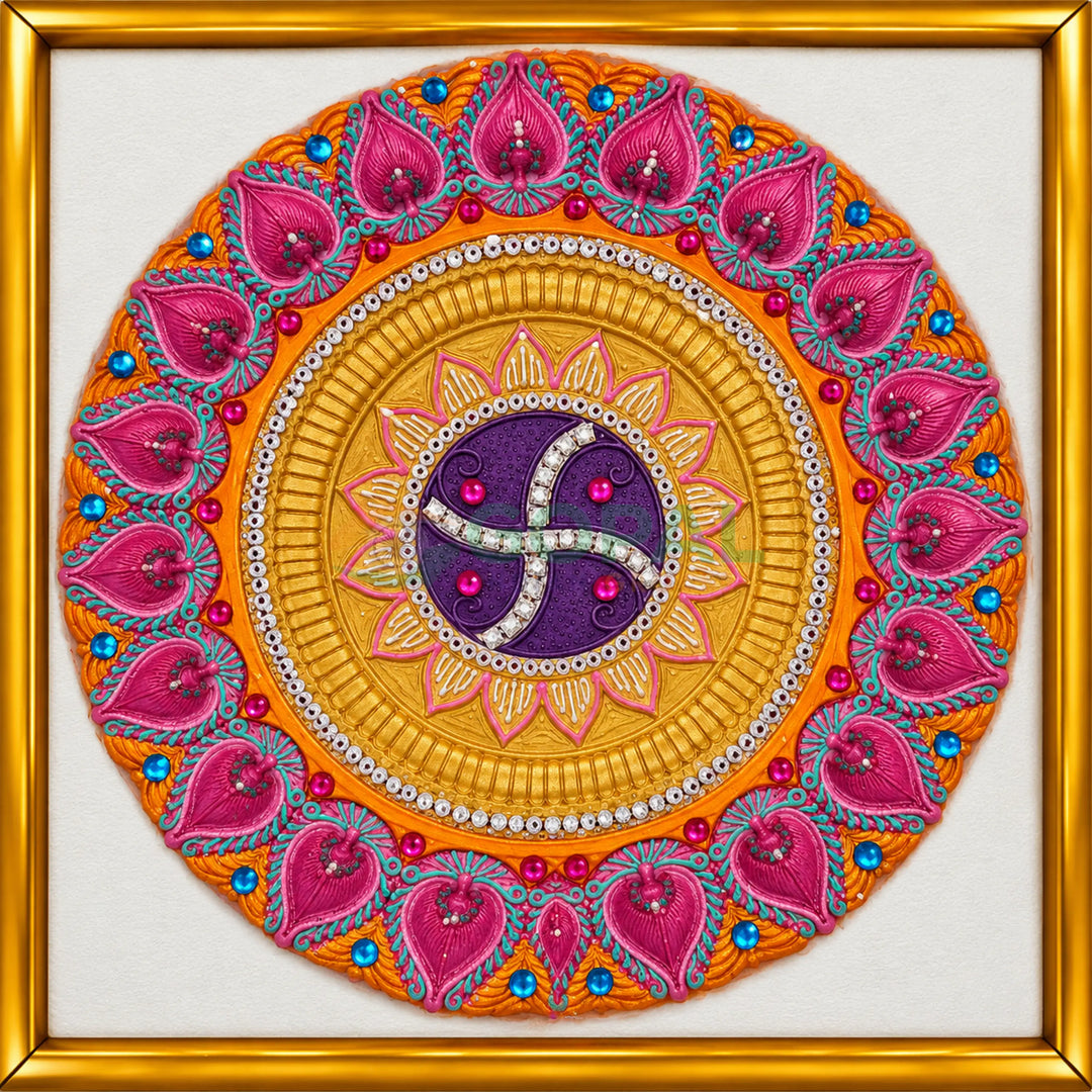 Handcrafted Grand Lotus Mandala 21-Diya Centerpiece Plate - 1 (Single Piece) - Magenta Pink & Gold Swastik - Diwali