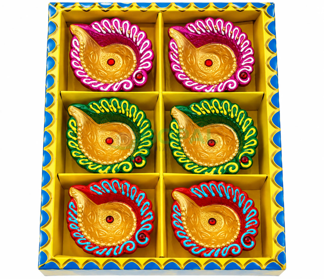 Handcrafted Peacock Shankh Terracotta Diya Set (Set of 6) - Diwali