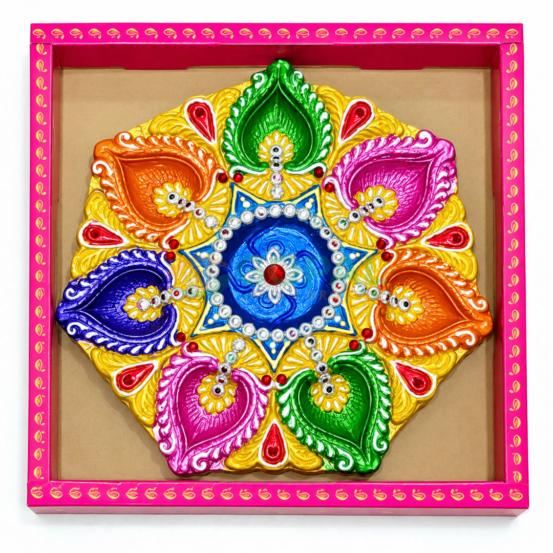 Handcrafted Radial Floral Mandala Multi-Diya Centerpiece Plate (Single Piece) - Diwali