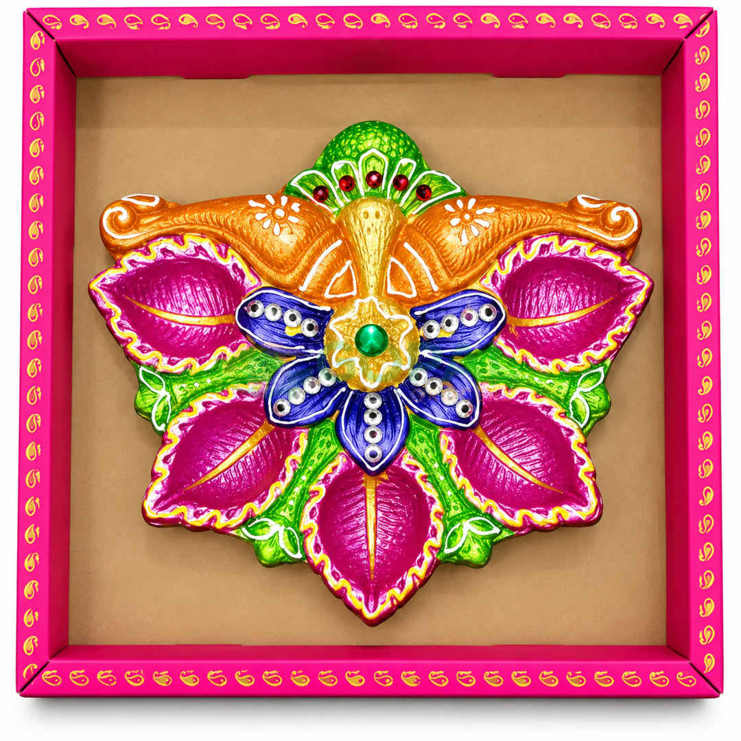 Handcrafted Royal Floral Butterfly / Peacock Multi-Diya Centerpiece Plate (Single Piece) - Diwali