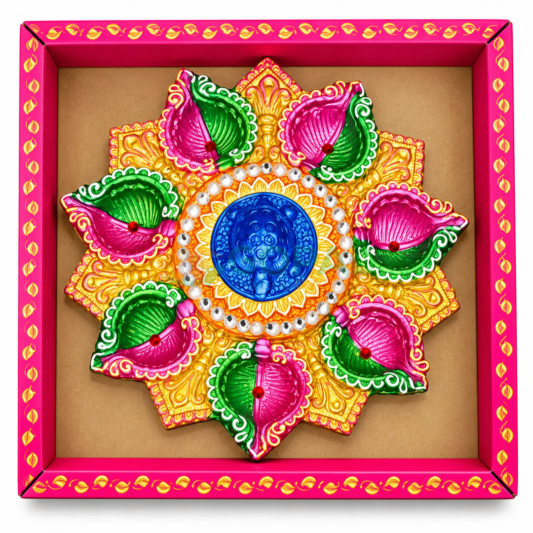 Handcrafted Royal Floral Sunburst Multi-Diya Plate (Single Piece) - Diwali