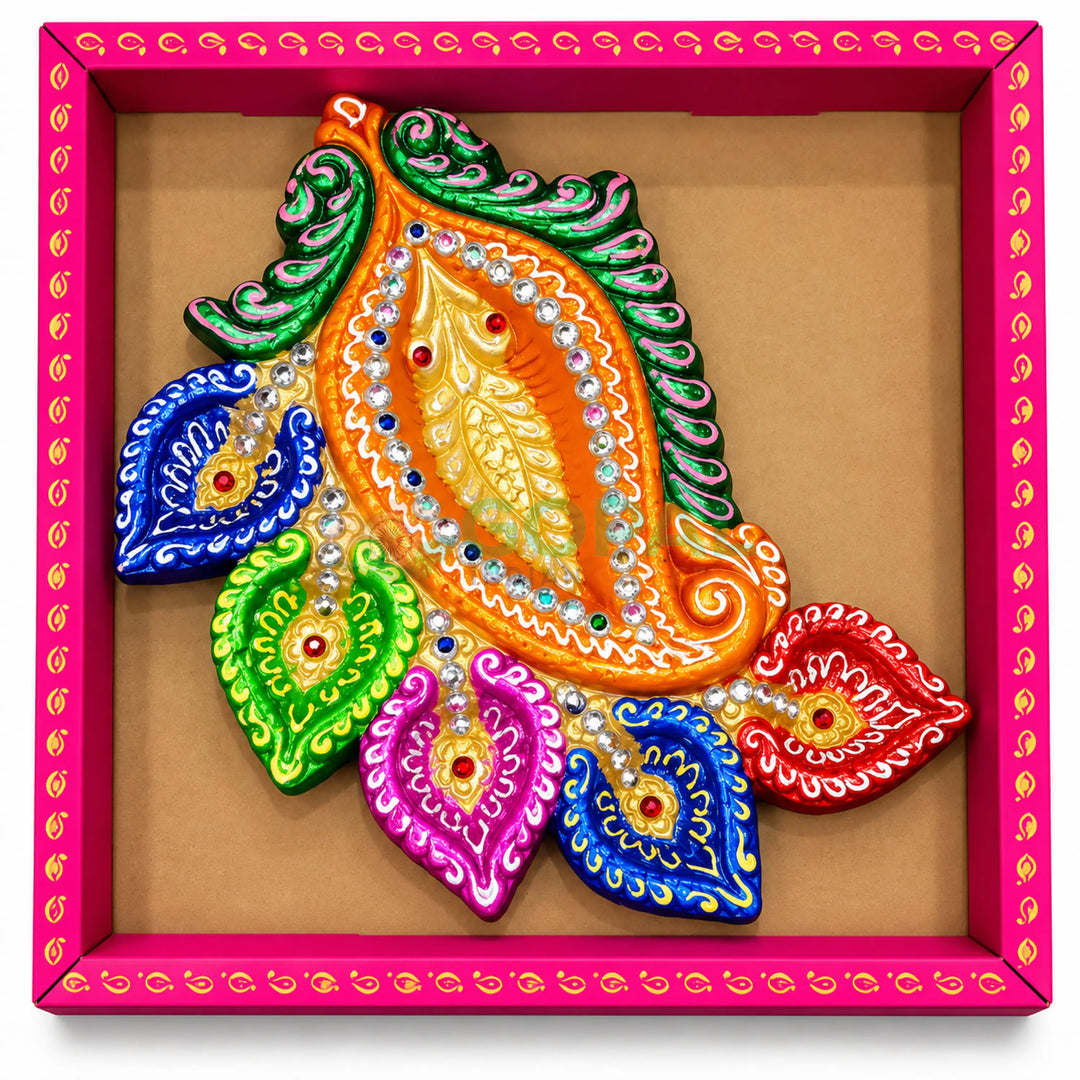Handcrafted Royal Paisley/Mango Motif Multi-Diya Centerpiece Plate (Single Piece) - Diwali