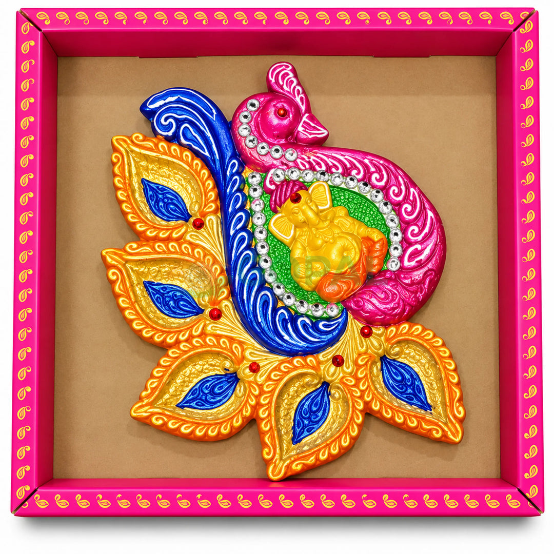 Handcrafted Royal Peacock Ganesha Multi-Diya Plate (Single Piece) - Diwali
