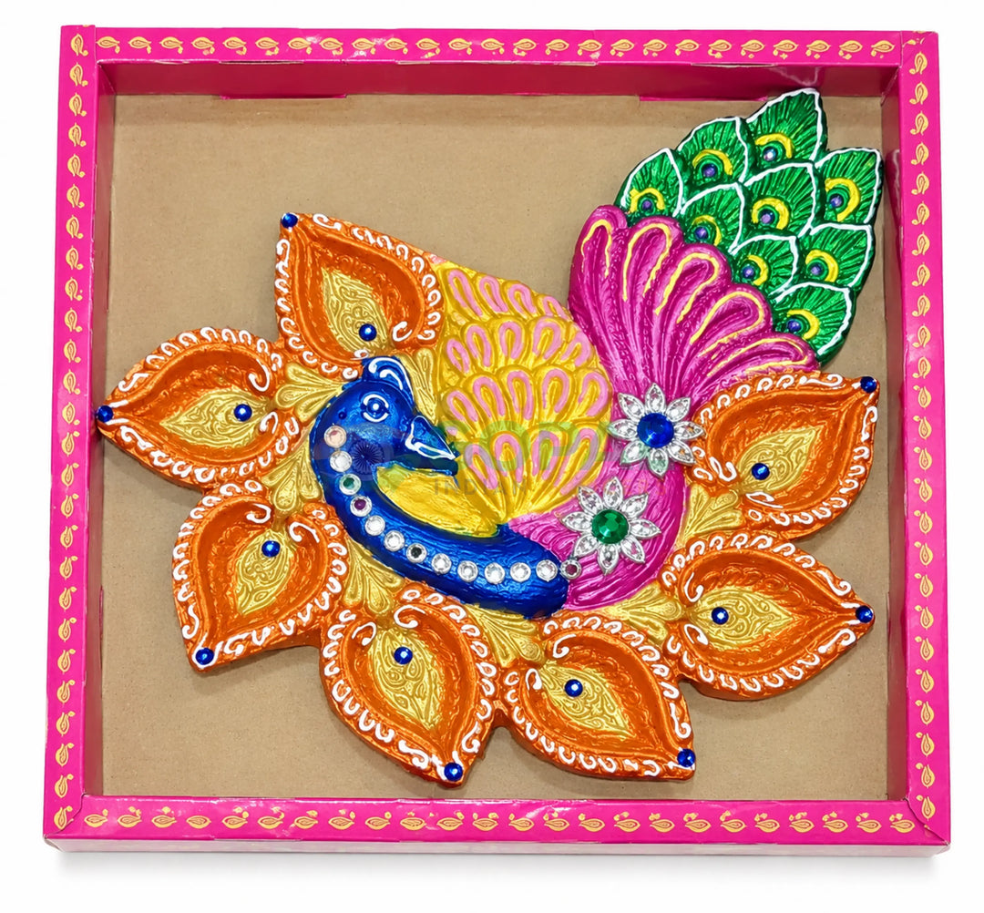 Handcrafted Royal Peacock Multi-Diya Centerpiece Plate Design - 1 (Single Piece) - Diwali