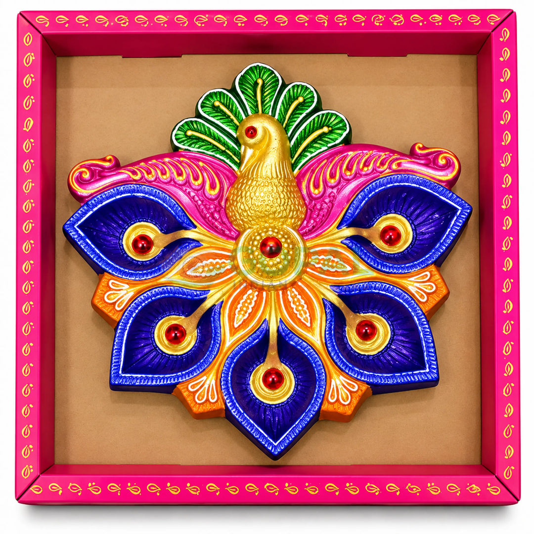 Handcrafted Royal Peacock Multi-Diya Centerpiece Plate Design - 2 (Single Piece) - Diwali