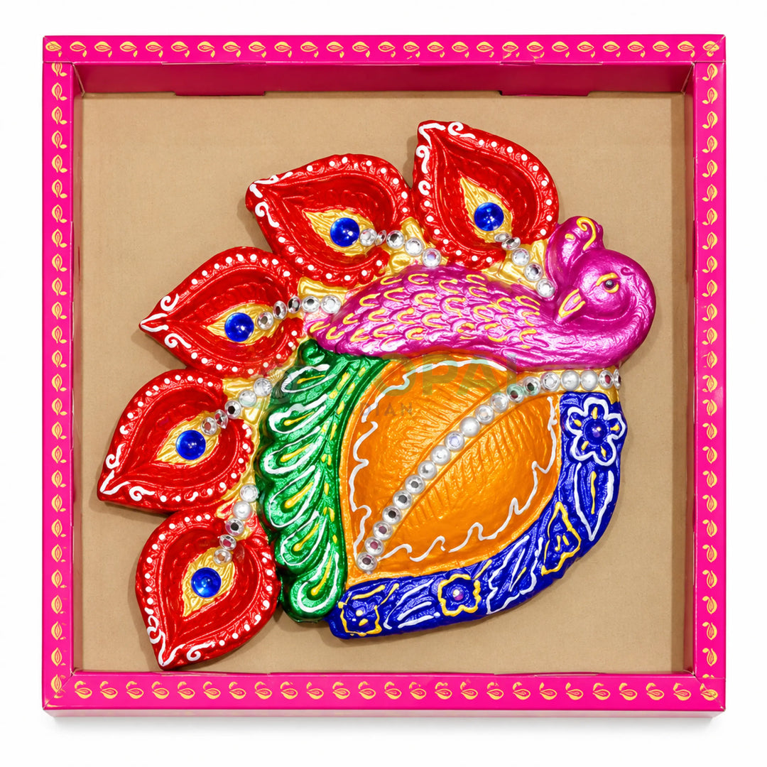 Handcrafted Royal Peacock Multi-Diya Centerpiece Plate Design - 3 (Single Piece) - Diwali