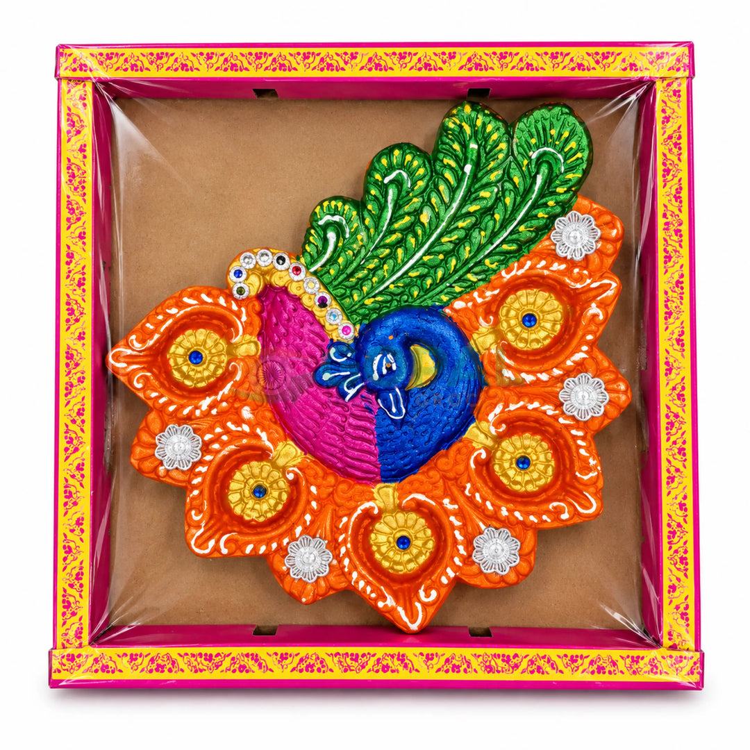 Handcrafted Royal Peacock Multi-Diya Centerpiece Plate Design - 4 (Single Piece) - Diwali