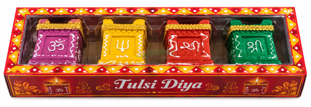 Handcrafted Sacred Tulsi Vrindavan Terracotta Diya Set (Set of 4) - Diwali