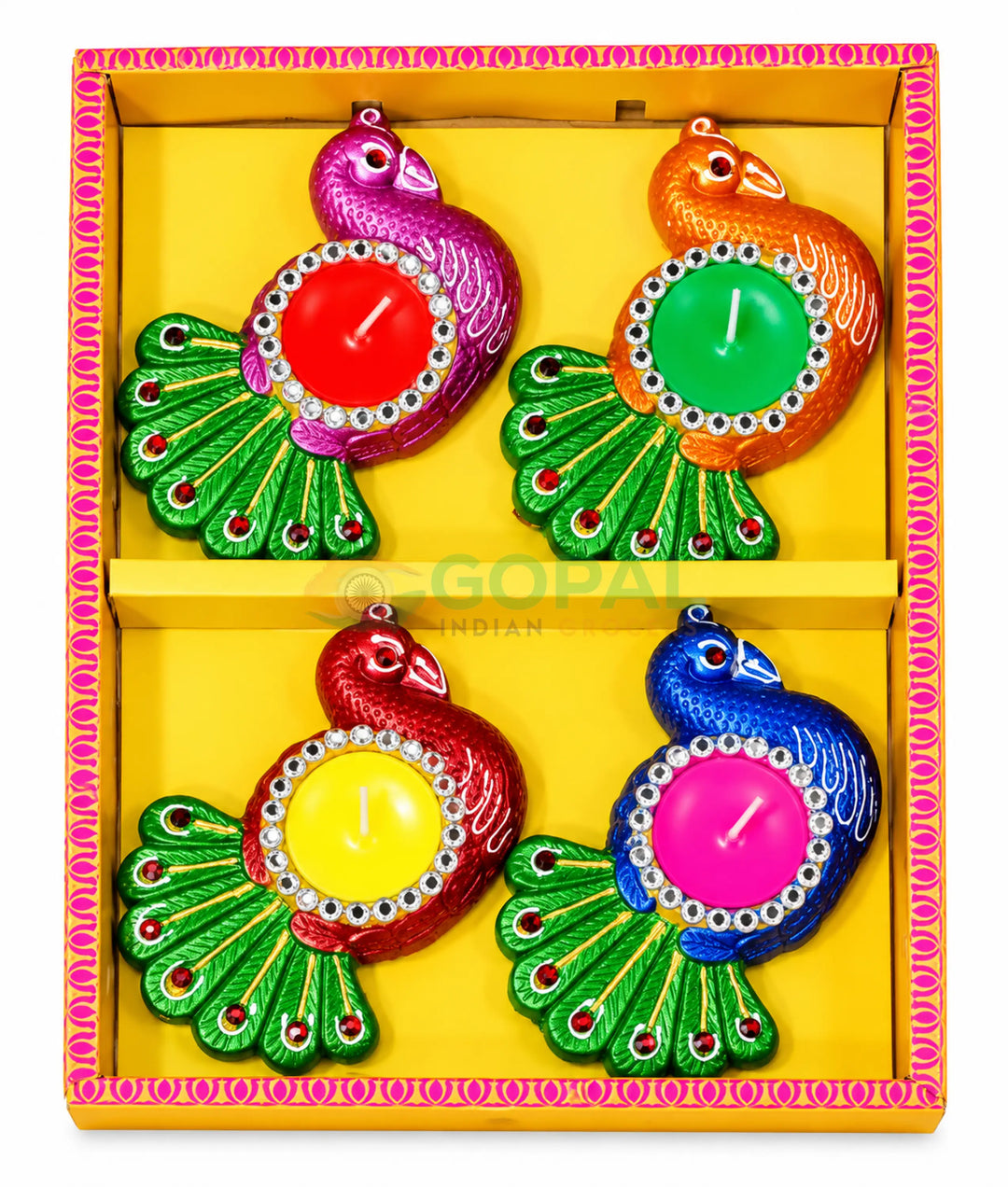 Handcrafted Side-Profile Peacock Wax Diya Set (Pack of 4) - Diwali