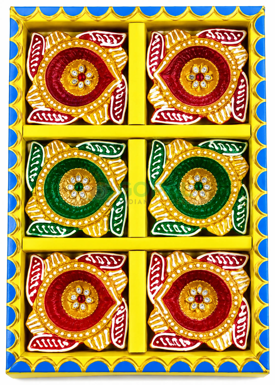 Handcrafted Square Swastik Terracotta Diya Set (Set of 6) - Diwali