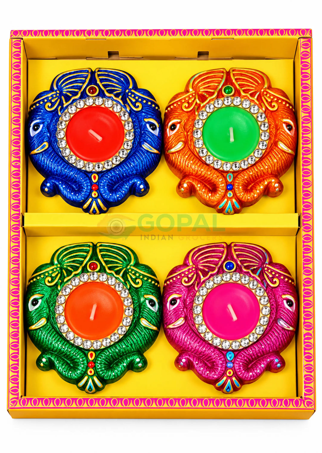 Handcrafted Twin Elephant Wax Diya Set (Pack of 4) - Diwali