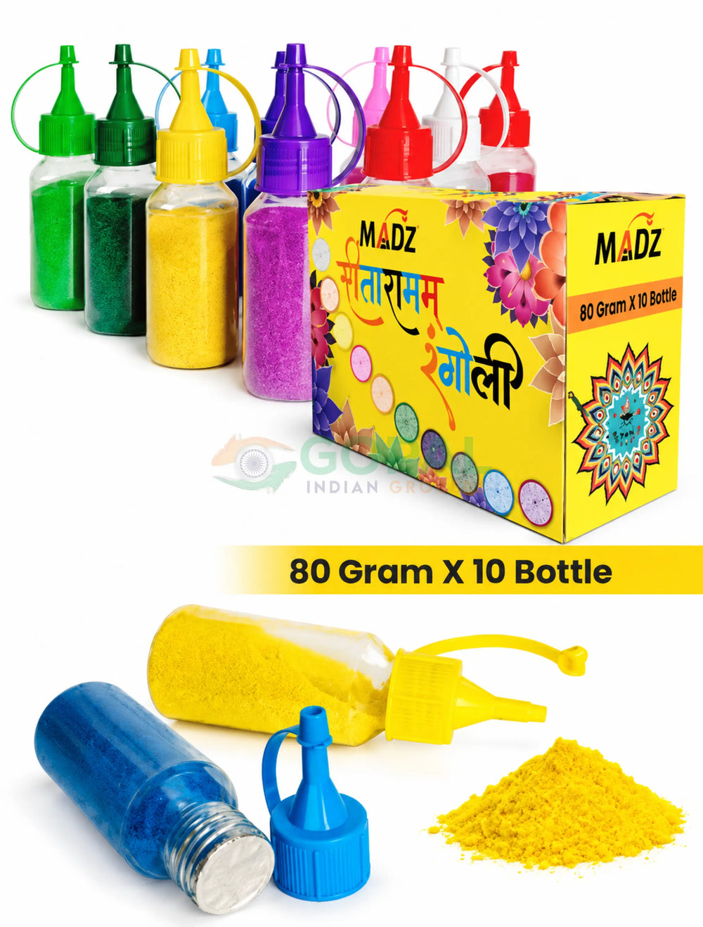 MADZ Sita Ram Squeezy Rangoli Powder Bottle Kit (Pack of 10 Bottles × 80g) - Diwali