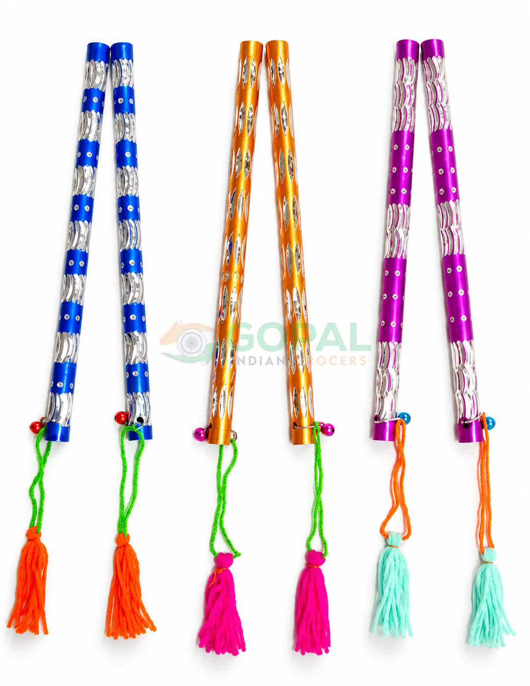 Metallic Wave Dandiya Sticks with Tassels & Bells (23cm Length-Pair) - Festival Related Products
