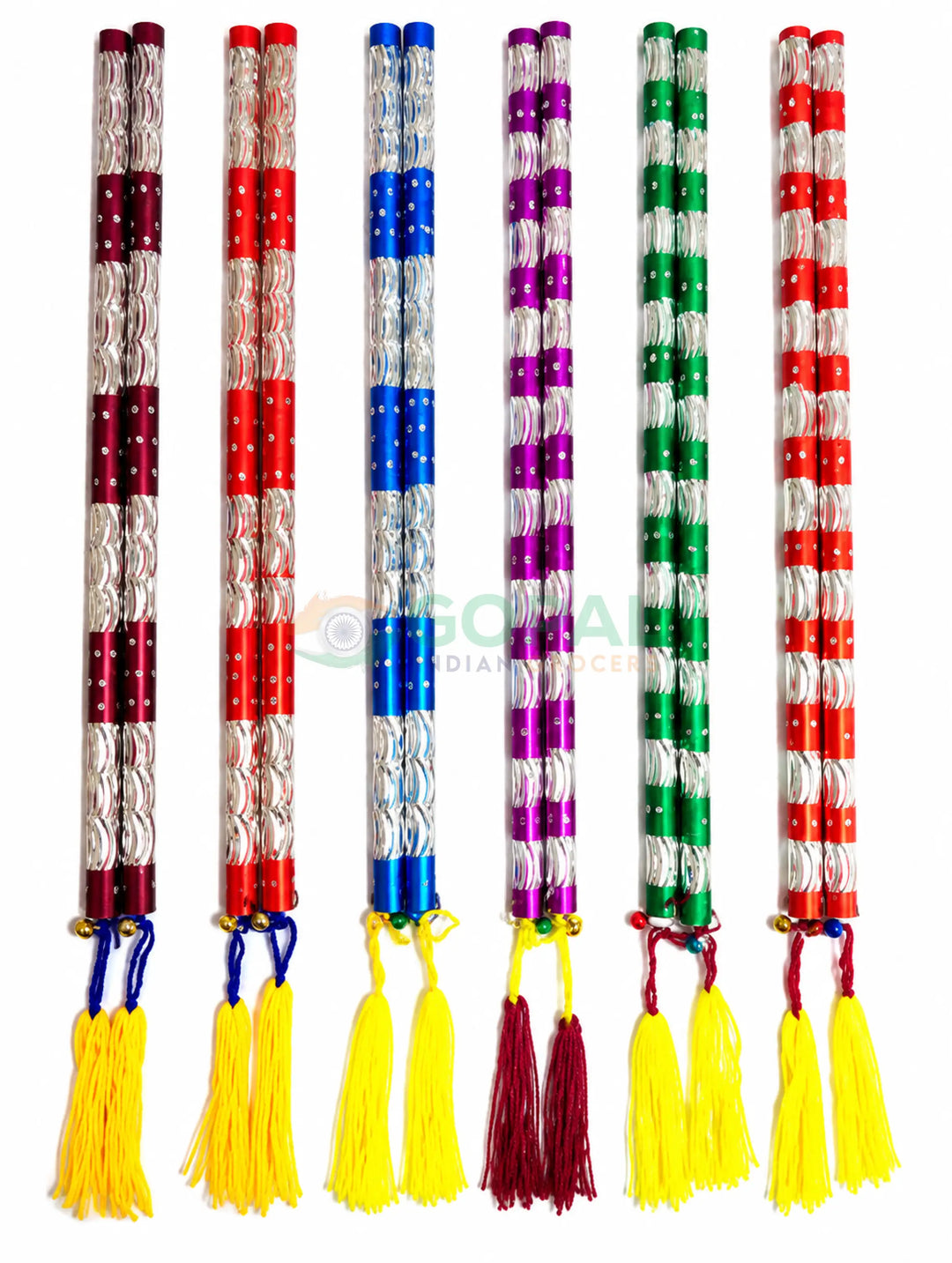 Metallic Wave Dandiya Sticks with Tassels & Bells (39 cm Length-Pair) - Festival Related Products