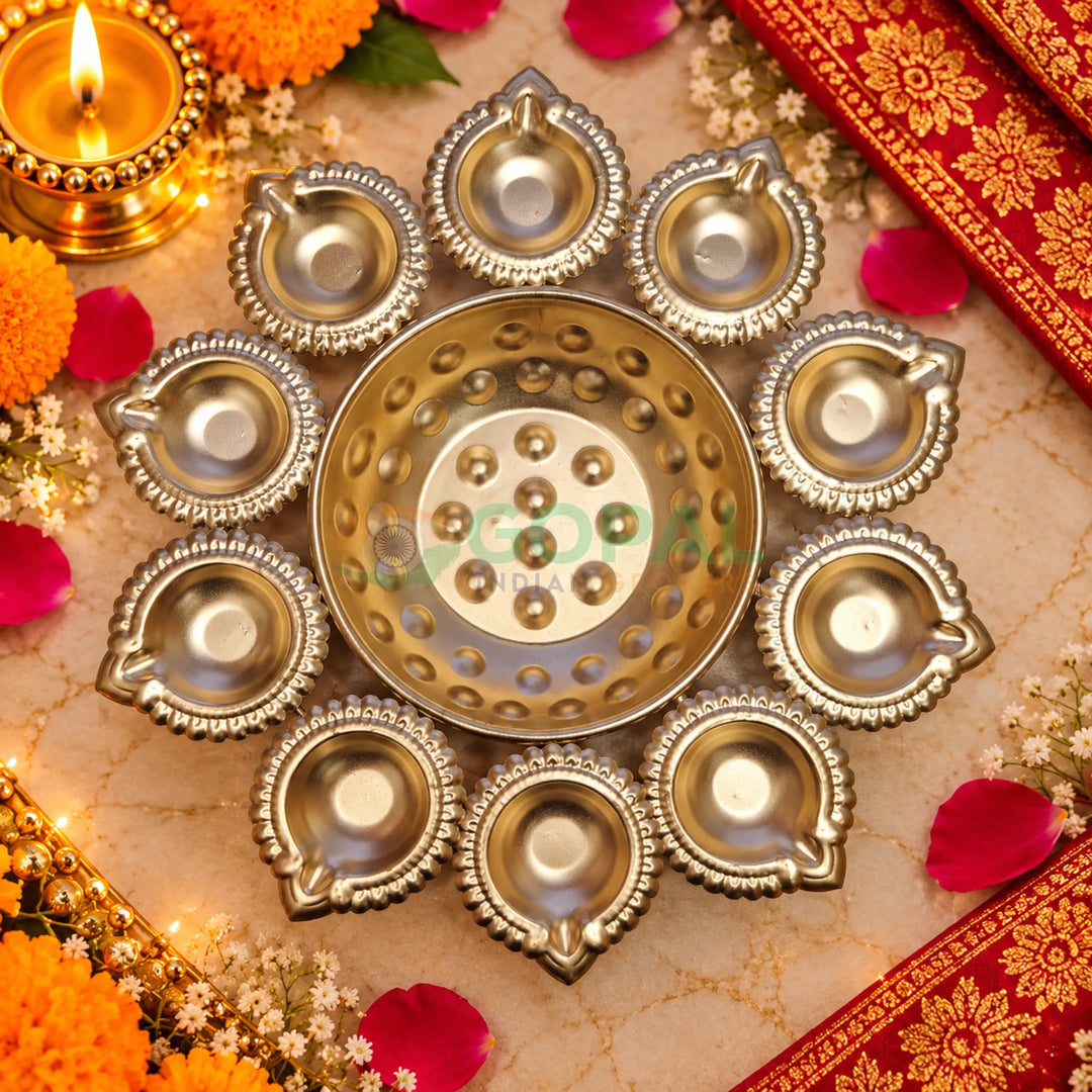 Polished Metal Gold 10-Diya Floral Urli (Single Piece) - Diwali