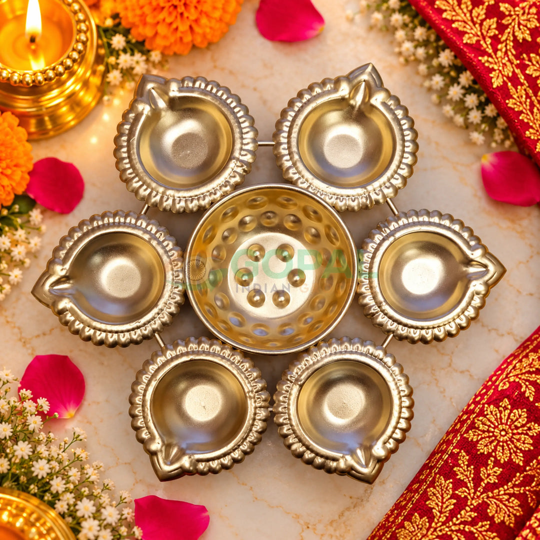 Polished Metal Gold 6-Diya Floral Urli (Single Piece) - Diwali