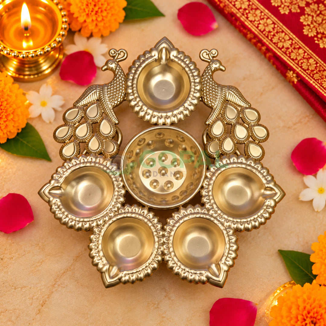 Polished Metal Gold Dual Peacock 5-Diya Urli (Single Piece) - Diwali