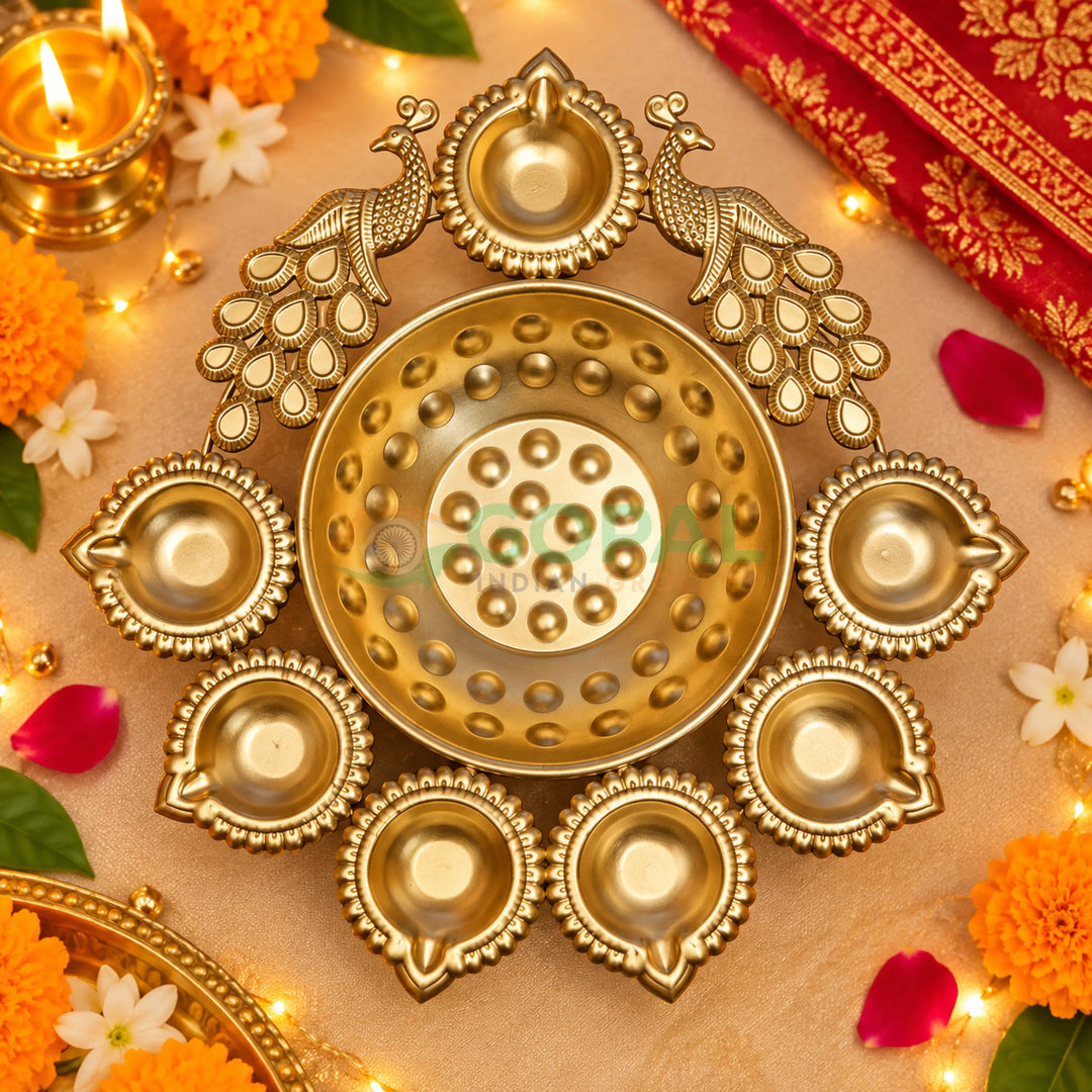Polished Metal Gold Dual Peacock 7-Diya Urli (Single Piece) - Diwali