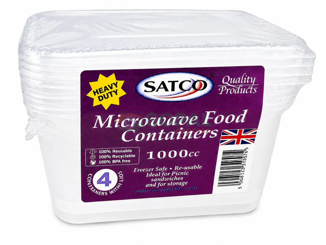 Satco Heavy Duty Microwave Food Containers 1000cc 4 Pack - Disposables