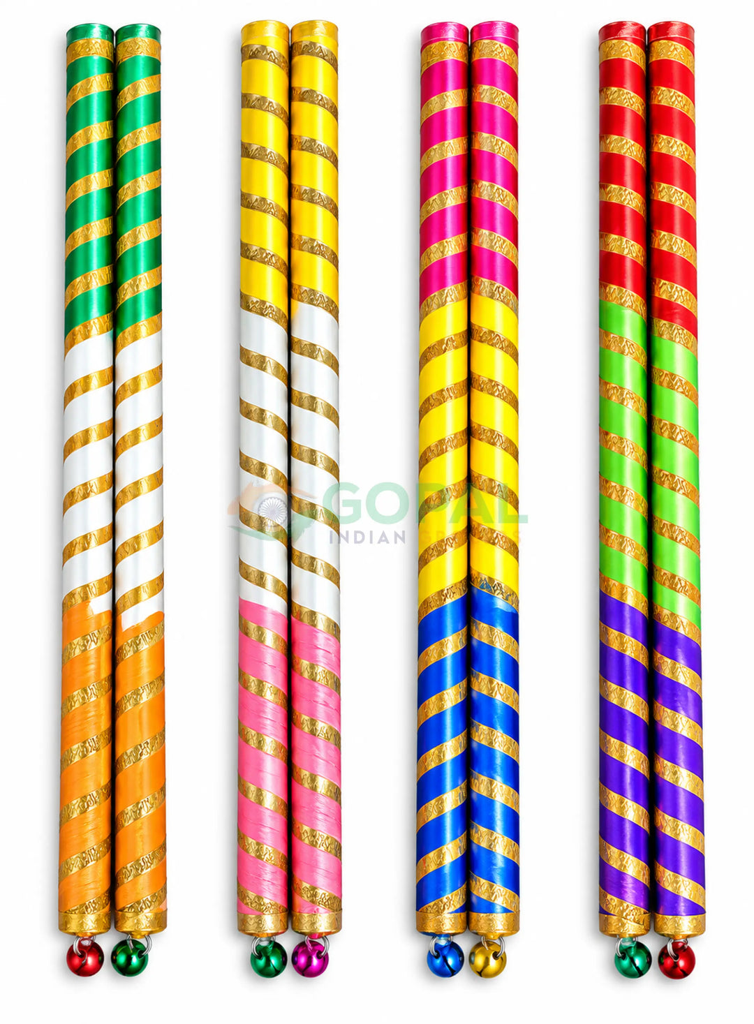 Satin Triranga Multi-Color Wrapped Dandiya Sticks with Bells (Pair) - Navratri Special