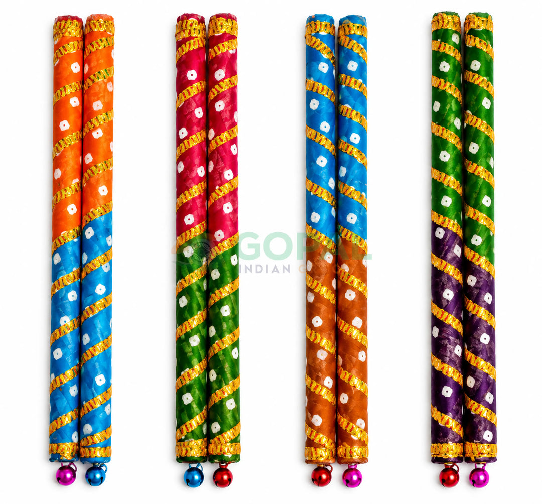 Tikki Bandhani Sequined Dandiya Sticks with Bells Small Size 9 inch (Pair) - Navratri Special