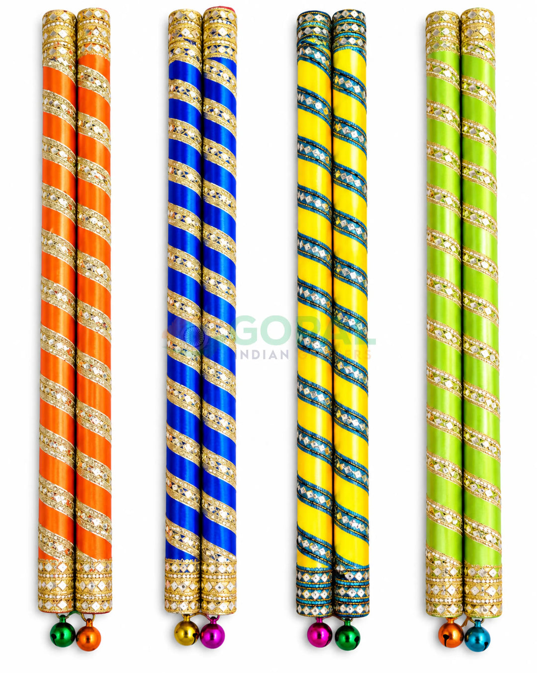 Tikki Diamond Sequined Satin Dandiya Sticks with Bells & Tassels (Pair) - Navratri Special