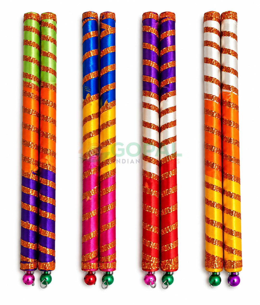 Triranga Ribbon Wrapped Dandiya Sticks with Bells Small Size 9 inch (Pair) - Navratri Special